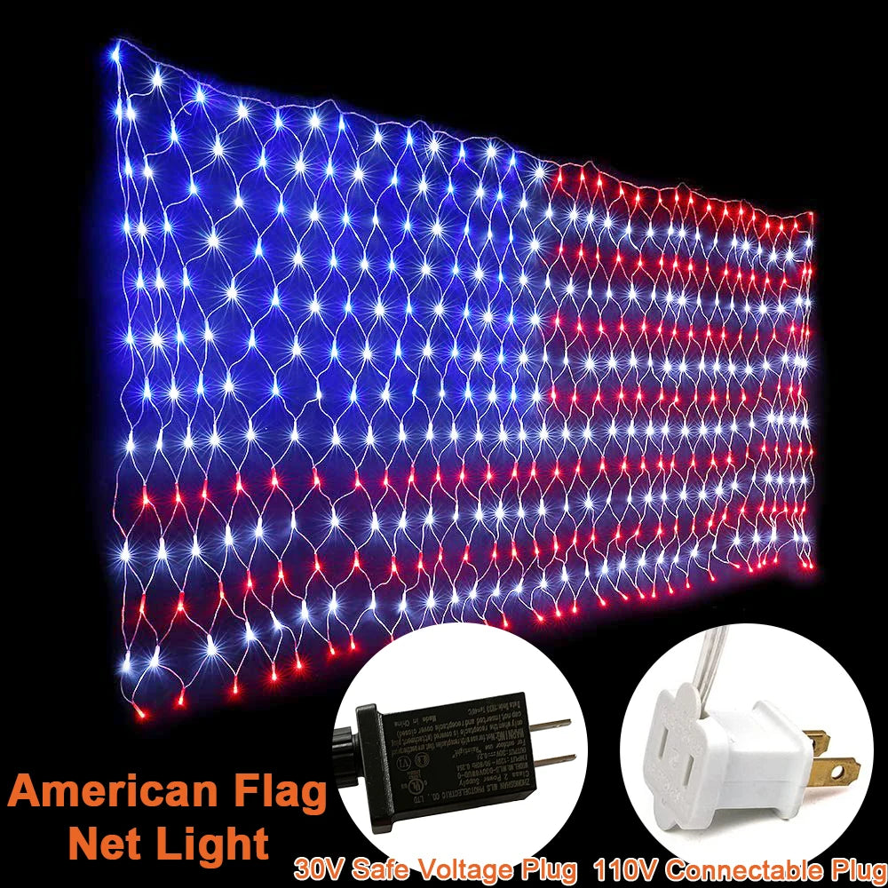 110V 30V Waterproof Hanging Ornaments American Flag LED Net Lights - SkyHavenZen llc