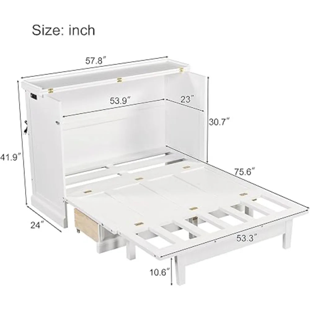 Solid Pine Full Murphy Bed Frame Chest Cube Cabinet Bed with Charging Station and Large Storage Drawer - SkyHavenZen llc