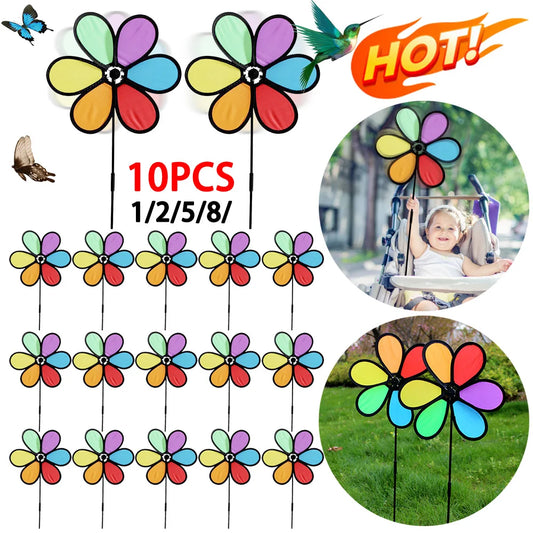 1-10PCS New Colorful Rainbow Flower Spinner Wind Windmill