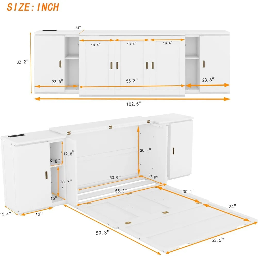 Murphy Bed with USB Ports & Shelves, Wood Full Floor  Chest - SkyHavenZen llc