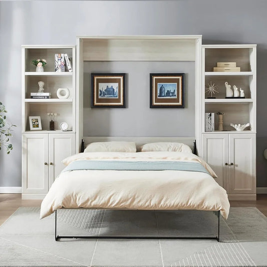 Queen Size Murphy Bed Frame with 2 Side Cabinet Storage Shelf - SkyHavenZen llc